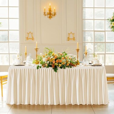 Wish Care Light Champagne Table Clothes for Rectangle Tables 6ft Wrinkle Resistant Fitted Table Cloth with Pleated Ruffle Skirts for Banquet Wedding Baby Shower Folding Tables