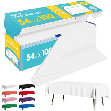 Niuara White Plastic Table Cover Roll 54IN x 100FT Table Cloth for Rectangle Table with Slide Cutter Plastic Table Cloth Disposable with CuttoSize Design for Weddings Banquets Parties