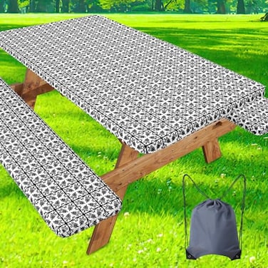 misaya Picnic Table Cover with Bench Cover Waterproof Elastic Fitted Tablecloth for 6 Foot Tables Rectangle Washable Polyester Tablecloths for Picnic Camping Outdoor Black 30 x 72