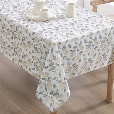 Laura Ashley Decorative Tablecloth Wrinkle and Stain Resistant Spillproof Water Repellent Easy Care Washable Polyester Fabric for Dining Kitchen Holiday and Party 60 x 84 Hydrangea Taupe