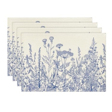 Artoid Mode Blue Antique Herbs and Wild Flowers Spring Placemats Set of 4 12x18 Inch Seasonal Table Mats for Party Kitchen Dining Decoration