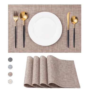 CADONO Placemats Set of 4 Washable IndoorOutdoor Vinyl Place Mats for Dining Table Durable NonSlip Heat Resistant PVC Weave Table MatsKhaki
