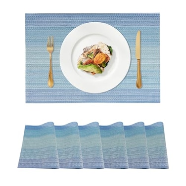 Canglifull Placemats Set of 6 Vinyl Woven Placemats Washable HeatResistant Durable NonSlip PVC for Kitchen Dining Tables IndoorOutdoor Table Mats Blue 6