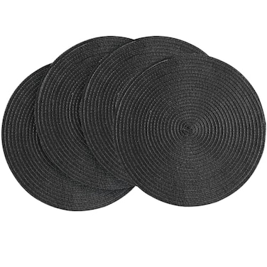 Floroom 15 Inch Round Braided Placemats Set of 4 Washable Heat Resistant Cotton Polyester Circle Place Mats for Kitchen Dining Table Black