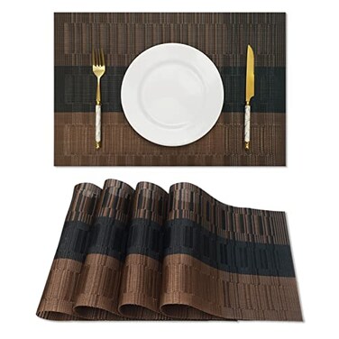 HeloHo Brown Black Placemats Set of 4 Washable Place Mats Vinyl Woven Table Mats Wipeable Placemat for Kitchen Dining Table Decoration Indoor Outdoor