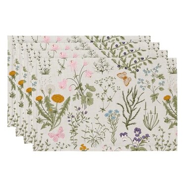 QiyI Boho Placemats Set of 4 12x18 Inch Linen Fabric Floral Place Mats for Kitchen Dinning Farmhouse Rustic Cloth Table Mats Washable Placemat Botanical Party Table Dcor Wildflowers Herbs