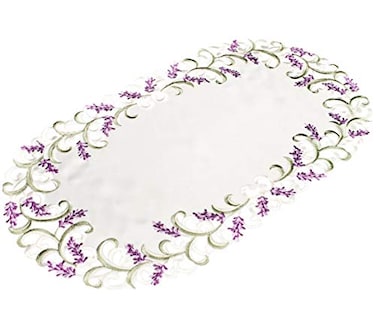Linens, Art Embroidered Placemat Doily with Lavender Lilac Flowers on Cream Machine Washable 12Wx21L