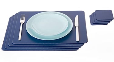 Nikalaz Set of Blue Placemats and Coasters 4 Table Mats and 4 Coasters Recycled Leather Place Mats 18 x 13 inches Blue
