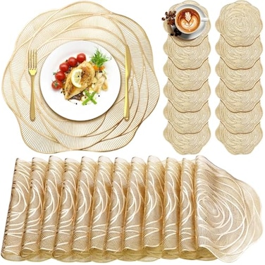 Sieral 24 Set 15 Inch Round Pressed Vinyl Placemats Hollow Out Rose Placemat Set Metallic Slip Resistant Place Mat Coaster Including Place Mats and Coasters for Wedding Dining Kitchen Gold