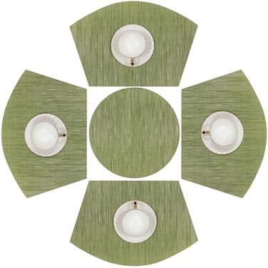SHACOS Small Round Table Placemats Set of 5 Woven Vinyl Wedge Placemats with Centerpiece Round Table Mats Heat Resistant Wipe Clean 5 Green