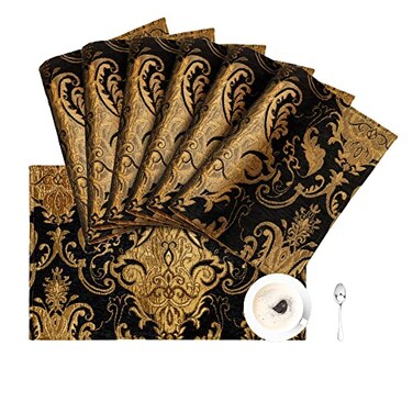 Loom and Mill Luxury Chenille Placemats Set of 6 Classic Damask Jacquard Table Place Mats for Dining Table Kitchen Halloween Holiday Banquet Decoration DoubleLayer Dining Table Mats12x18 Black