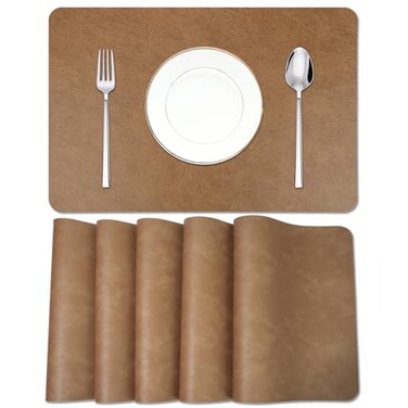 EDanle Cowhide Pattern Faux Leather Placemats Set of 6Heat Resistant NonSlip Waterproof Wipeable Washable Kitchen Dining PU Table Place MatsDoubleSides AvailableLight Coffee