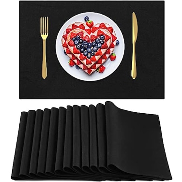 Sieral 12 Set Cloth Placemats Rectangle Dining Table Placemat Bulk 13 x 19 Inch Machine Washable Heat Resistant Cotton Linen Table Mats for Wedding Birthday Party SuppliesBlack