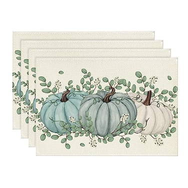 Artoid Mode Pumpkins Eucalyptus Leaves Fall Placemats Set of 4 12x18 Inch Autumn Thanksgiving Holiday Table Mats for Party Kitchen Dining Decoration