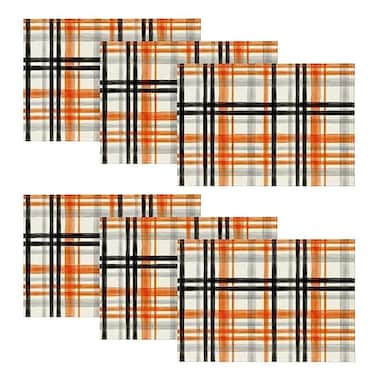 Artoid Mode Orange Black Buffalo Plaid Fall Placemats Set of 6 12x18 Inch Halloween Seasonal Table Mats for Party Kitchen Dining Decoration