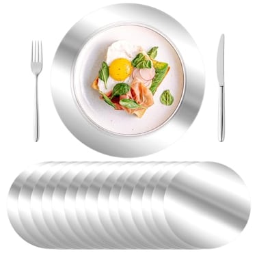 KesaPlan 100PCS Round Silver Placemats 13 Disposable Paper Placemats for Dining Table Mirrored Silver Charger Place Mat for Kitchen Banquet Table Setting Wedding Birthday Dinner Party Decor