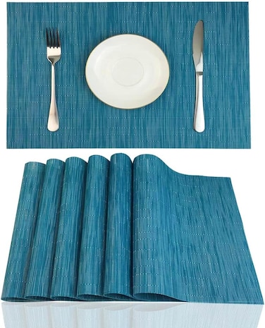 WAZAIGUR Placemats Set of 6 for Dining Table HeatResistant Washable Place Mats Woven Vinyl Kitchen Table Mats Easy to CleanBlue