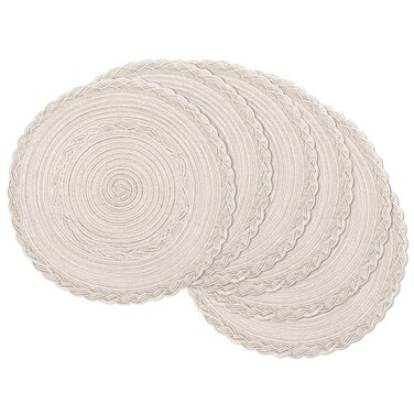 SHACOS Round Placemats Set of 6 Boho Braided Bordered Place Mats 15 inch for Dining Tables Wedding Holiday Party Ivory Bordered 6