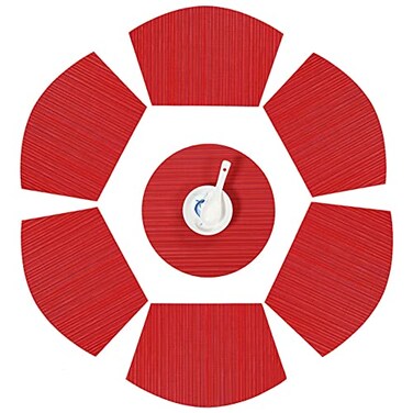 SvaTao Round Table Placemats Wedge Shaped Place Mat with Centerpiece Round Mat Table Mats Washable Set of 7 Placemats for Dining TableRed