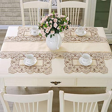 AMZALI Brown Flower Embroidered Stain Resistant Placemats Vinyl Washable Lace Lunchmat Place Mats Home Kitchen Dining Restaurant Table Mats Set of 4