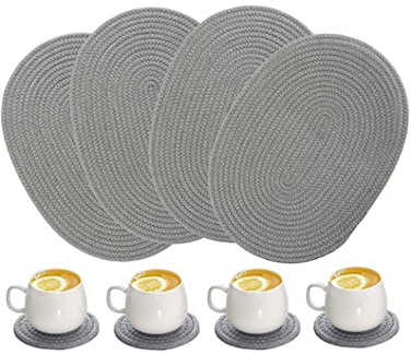 WENFOME 4 Pack Oval Woven Placemats Gray Cotton Rope Braided Placemats with 4 Pack Round Fabric Coasters HeatResistant NonSlip Cotton Table Mats Charger Plates for Table Decoration Gray