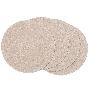 SHACOS Round Braided Placemats 15 inch Set of 4 Boho Woven Washable Kitchen Table Placemats for Home Wedding Party TBeige 4