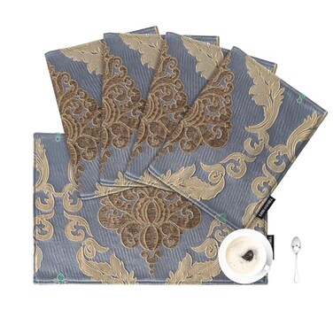 Loom and Mill Luxury Damask Placemats Set of 4 Traditional Jacquard Table Place Mats for Dining Table Kitchen Room Holiday Banquet Decoration Double Layer Dining Table Mats12x18Grey Blue