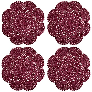 Phantomon 8 Inch Doilies Crochet Round Lace Doily Handmade Placemats 100 Cotton Crocheted Coasters Pack of 4 Burgundy