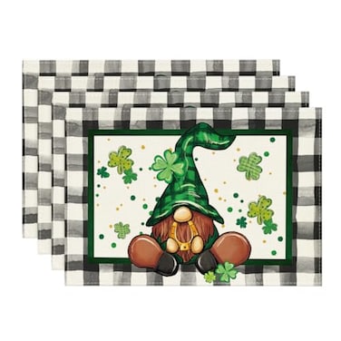 Artoid Mode Buffalo Plaid Gnome Shamrock St Patricks Day Placemats Set of 4 12x18 Inch Seasonal Spring Table Mats for Party Kitchen Dining Decoration