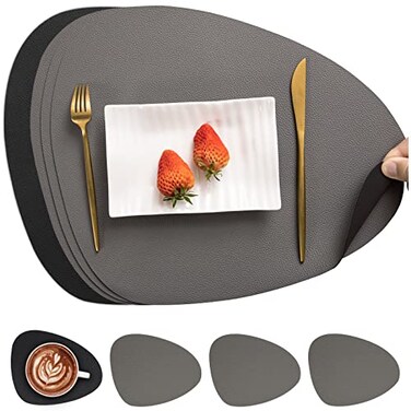 Myir JUN Placemats DualSided Placemats Waterproof Faux Leather Placemats Set of 4 Place Mats and Coasters NonSlip Washable Table Mats for Dining Table Gray Black Set of 4