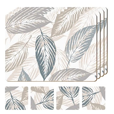 Moderry Set of 4 Heat Resistant Cork Placemats for Dining Table with Free Set of 4 Matching Drink Coasters Marble Design 16 x 12 Inches Cork Backed Hard Placemats Farmhouse Rustic Leaves