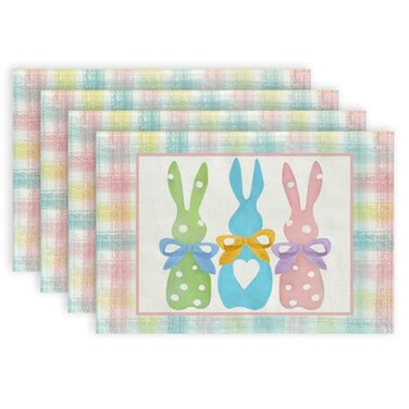 ARKENY Easter Placemats 12x18 Inches Set of 4 Bunny Rabbit Pink Spring Holiday Farmhouse Burlap Buffalo Plaid Indoor Table Mats Decorations for Home AP3814