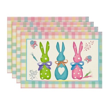 Artoid Mode Green Blue Pink Buffalo Plaid Bunny Happy Easter Placemats Set of 4 12x18 Inch Seasonal Holiday Table Mats for Party Kitchen Dining Decoration