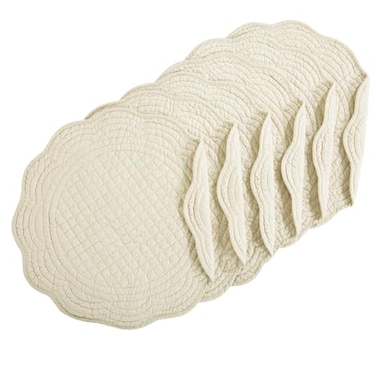 HOMBYS Quilted Placemats Set of 6 Washable Round Placemats for Kitchen Table100 Cotton Fabric 14 Inch Round Table Mats Cotton Fabric with Microfiber Filling 14x14 Flax