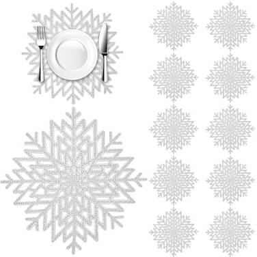 LGJkYF Snowflake Placemats Sets of 12Silver HallowOut HeatResistant Table Mats for ChristmasThanksgivingWeeding and Party Table Decoration 16x16inch