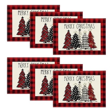 Artoid Mode Red and Black Buffalo Plaid Christmas Trees Placemats Set of 6 12x18 Inch Winter Table Mats for Outdoor Home Party Kitchen Dining Decor