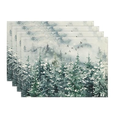 Artoid Mode Green Tree Snow Christmas Placemats Set of 4 12x18 Inch Seasonal Winter Table Mats for Party Kitchen Dining Decoration