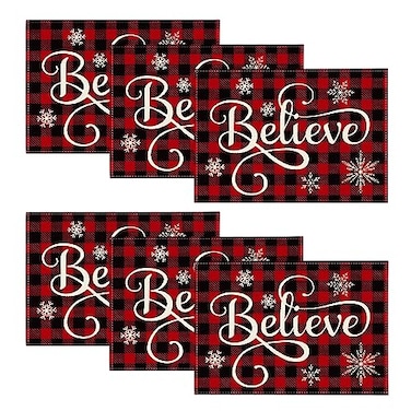 Artoid Mode Christmas Believe Buffalo Check Plaid Placemat for Dining Table 12 x 18 Inch Winter Holiday Rustic Washable Table Mat Set of 6