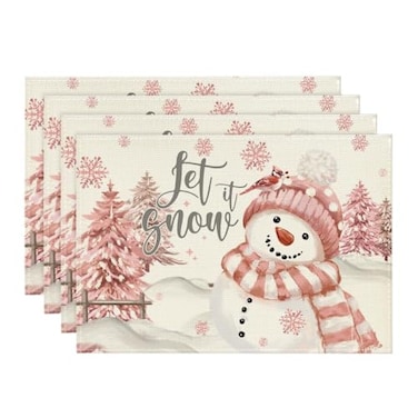 Artoid Mode Xmas Trees Let It Snow Pink Snowman Christmas Placemats Set of 4 12x18 Inch Winter Table Mats for Party Kitchen Dining Decoration