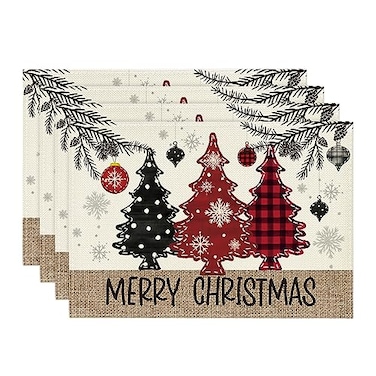 Artoid Mode Red Pine Trees Balls Merry Christmas Placemats Set of 4 12x18 Inch Winter Xmas Table Mats for Party Kitchen Dining Decoration