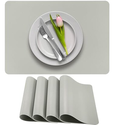 More Decor More Dcor Faux Leather Placemats Set of 4 for Dining Table Waterproof Wipeable Washable Stain Heat Resistant NonSlip Table Mats 12 X 17 Inch Solid Silver 4