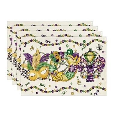 Artoid Mode Irises Beads Mask Doughnut Mardi Gras Placemats Set of 4 12x18 Inch Seasonal Carnival Table Mats for Party Kitchen Dining Decoration