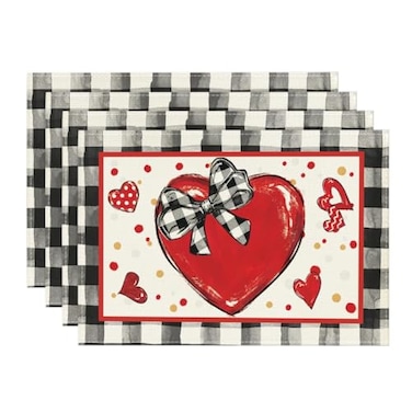 Artoid Mode Buffalo Plaid Red Heart Valentine Placemats Set of 4 12x18 Inch Seasonal Bow Tie Table Mats for Party Kitchen Dining Decoration