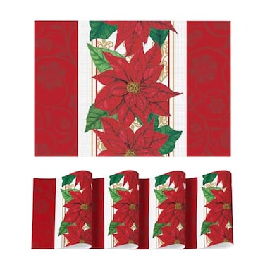 Artoid Mode Poinsettia Red Christmas Vinyl Placemats Set of 4 12x18 Inch Wipeable Winter PVC Woven Table Mats for Party Kitchen Dining Decor