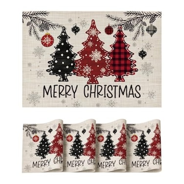 Artoid Mode Red Pine Trees Balls Christmas Vinyl Placemats Set of 4 12x18 Inch Wipeable Winter PVC Woven Table Mats for Party Kitchen Dining Decor