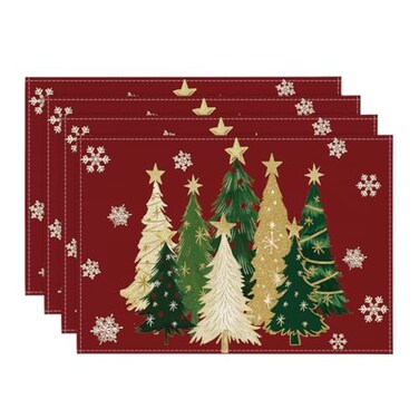Artoid Mode Xmas Trees Snowflakes Winter Placemats Set of 4 12x18 Inch Seasonal Red Christmas Table Mats for Party Kitchen Dining Decoration