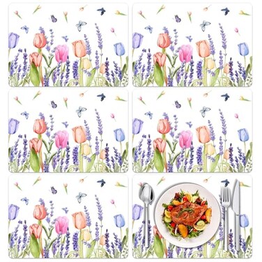 Tarklanda Spring Tulip Placemats Set of 6 Summer Floral Butterfly Plastic Table Mats Lavender Place Mats Washable Vinyl Rustic Holiday Table Decoration for Indoor Outdoor Party Kitchen Dining Table