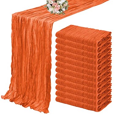 YMHPRIDE 12 Pack Cheesecloth Table Runner 35 x 120 inch Long Boho Cheese Cloth Gauze Table Runners Semi Sheer Table Runner for Wedding Decor Bridal Shower Birthday Party Orange