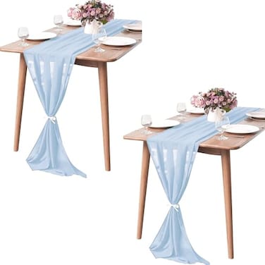 Pufogu 2 Pack 10Ft Baby Blue Chiffon Table Runner Sheer 29x120 Inch for Romantic Wedding Decor Bridal Baby Shower Birthday Rustic Party Decoration