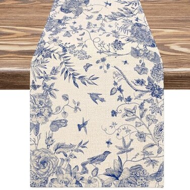 AnyDesign Blue and White Table Runner 13 x 72 Inch Monochrome Sketch Birds Flower Table Cover Retro Floral Kitchen Dining Tables Decoration for Home Party Restaurant Decor Supplies